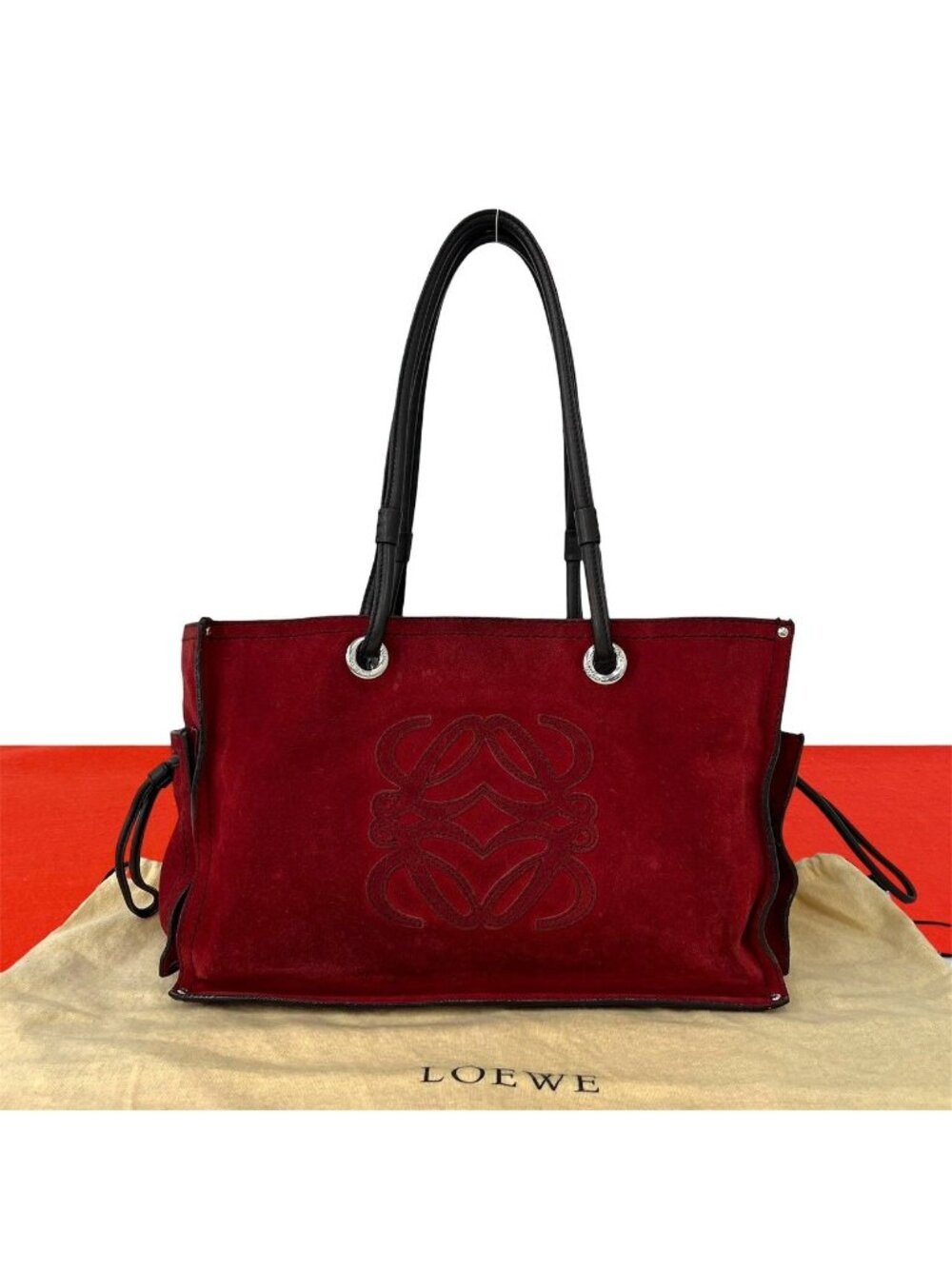 Loewe Logo Stitch Suede Leather Tote Shoulder Bag Red